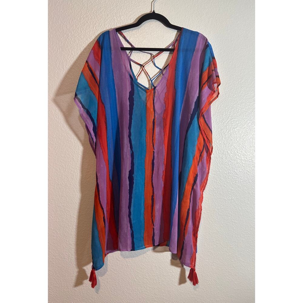 Palisades Beach Club Size XL/XXL Sheer Swimsuit Cover-Up Tassels Multicolor